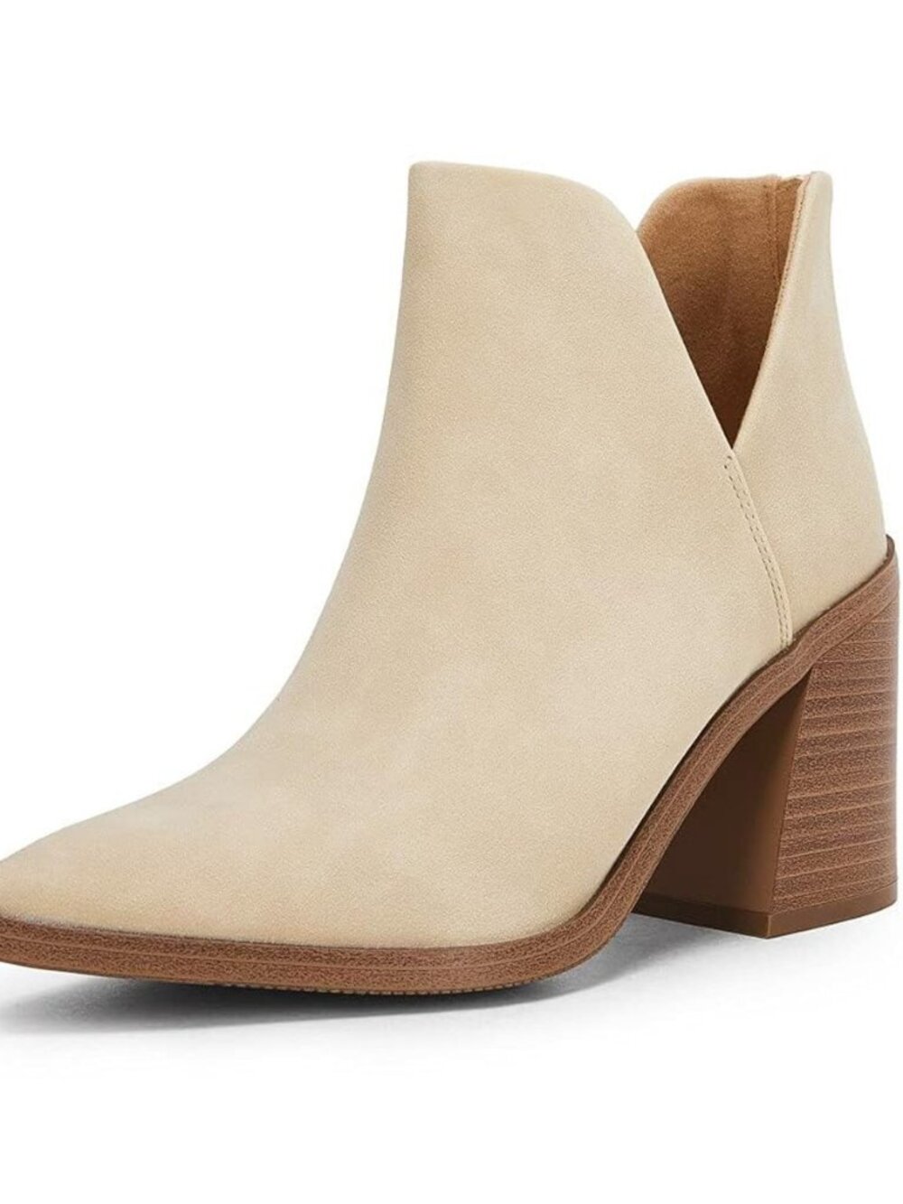 Womens Pointed Toe Stacked Mid Heel Ankle Boots V Cut Back Zipper Faux Leather